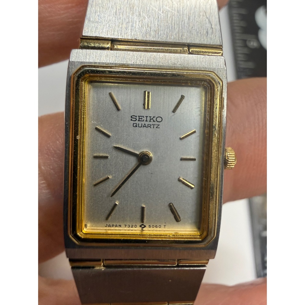 Seiko Quartz Two Tone Tank Watch Silver Gold 7320-5030 RO Rectangular Link Band